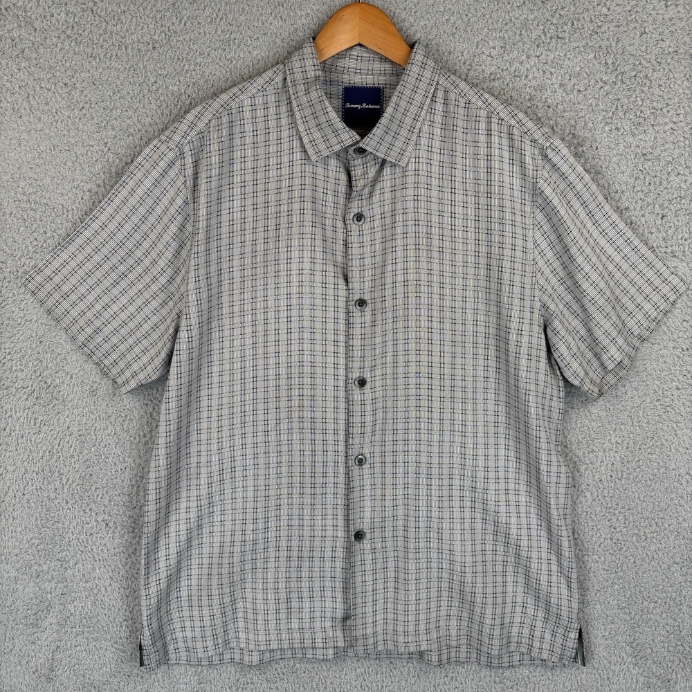 Tommy Bahama Shirt Mens XL Gray Geometric 100% Silk Short Sleeve Beach Button